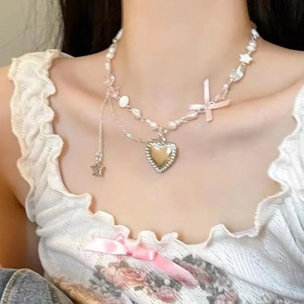 Kpop  Heart Bowknot Pendant Choker Necklace