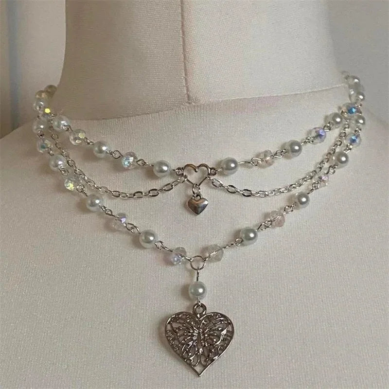 Pearls Butterfly Heart Fairycore Choker Necklace