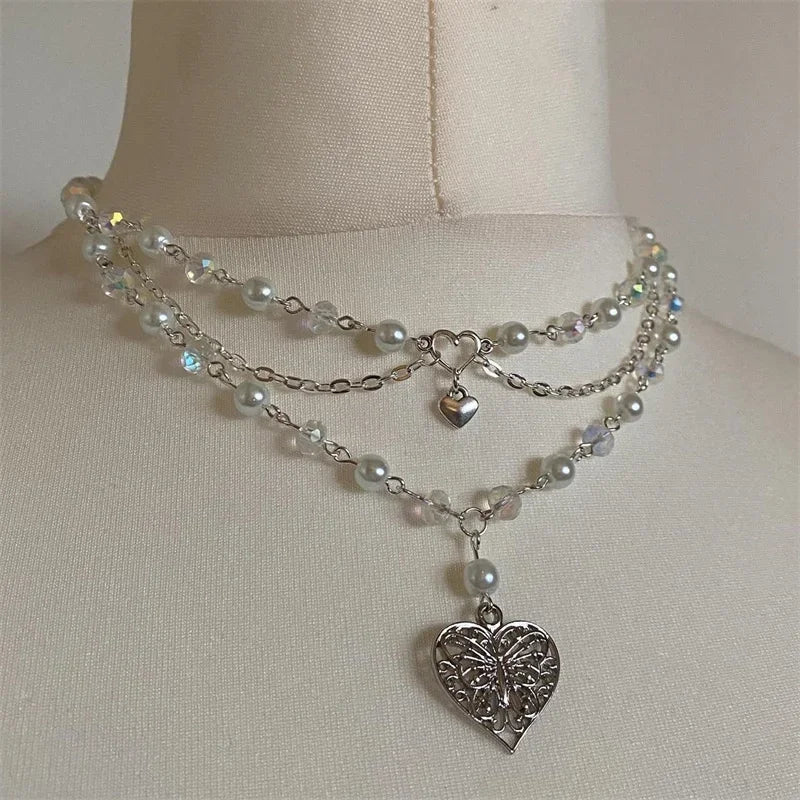 Pearls Butterfly Heart Fairycore Choker Necklace