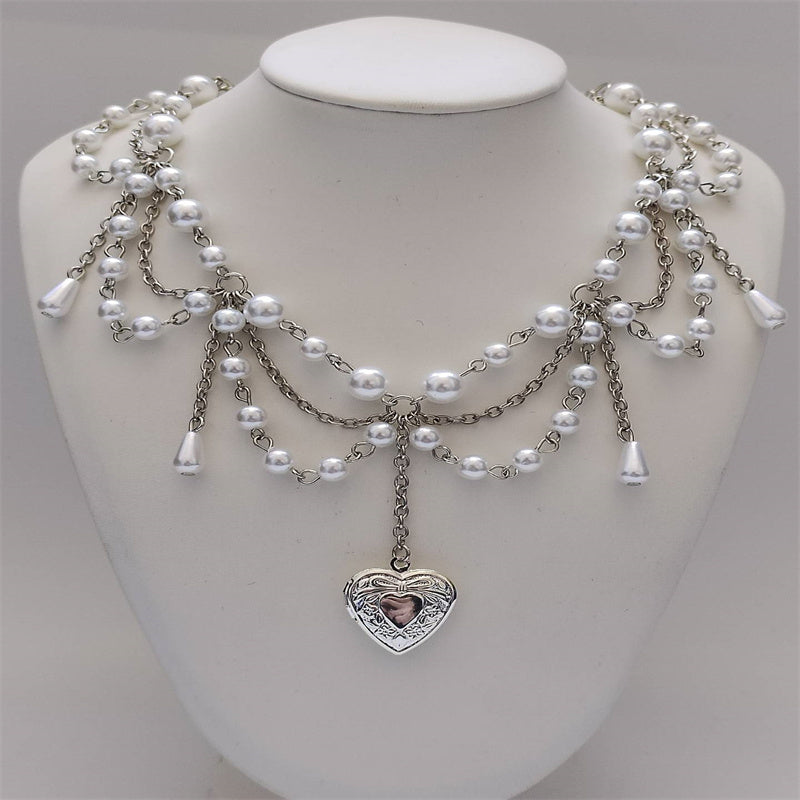 Pearl Heart Locket Style
 Layered Necklace Handmade Cosplay Jewelry