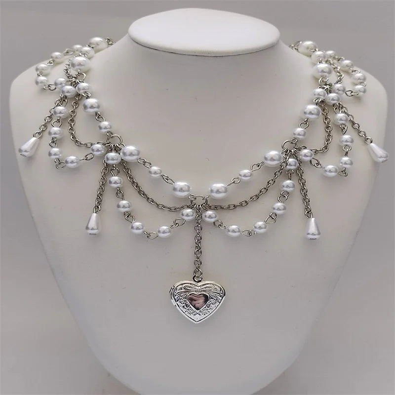 Pearl Heart Locket Style
 Layered Necklace Handmade Cosplay Jewelry