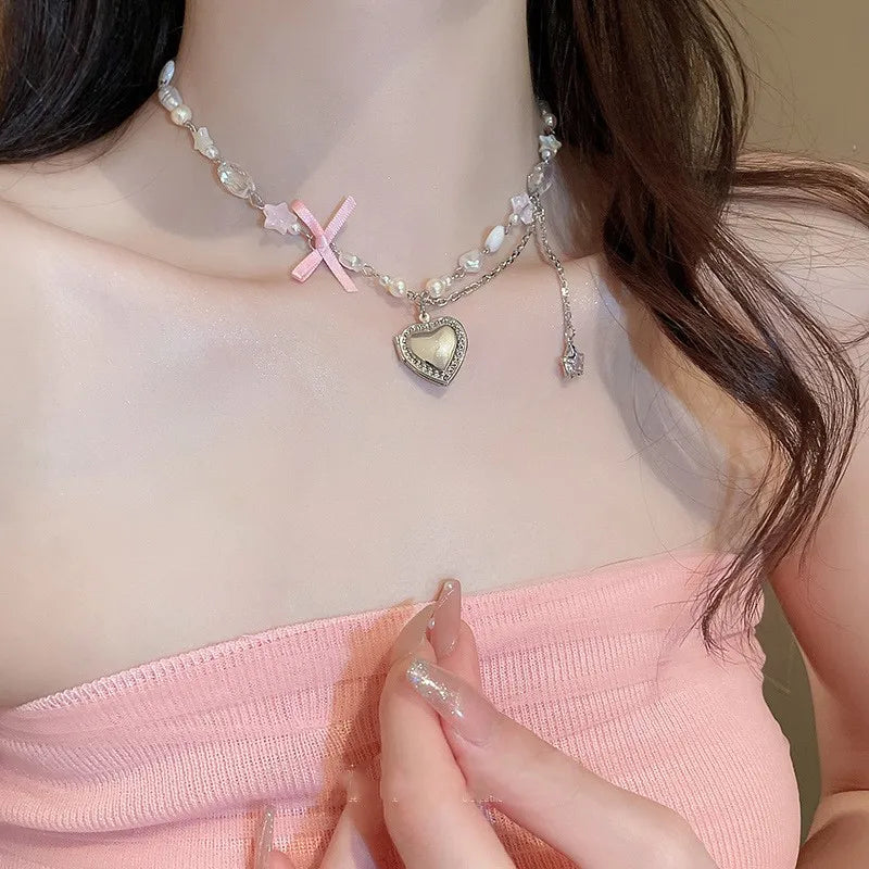 Kpop  Heart Bowknot Pendant Choker Necklace